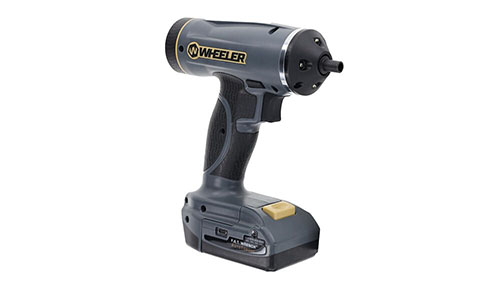 F.A.T. Wrench AutoTorque: battery-operated with torque limiter, 10-65 in-lbs adjustable, 200 RPM motor, 2 hours run-time, includes 15 bits, organized storage.