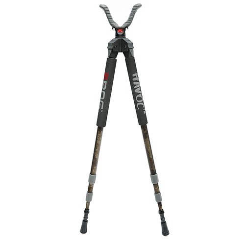 BOG Havoc Shooting Stick Bipod features lightweight portability, durable camo design, quick-deploy twist-style leg locks, and 360° USR shooting yoke for steady support.