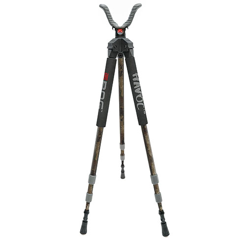 BOG Havoc Shooting Stick offers lightweight portability, twist-style leg locks for quick setup, and a USR shooting yoke for 360° comfort in ambush situations.