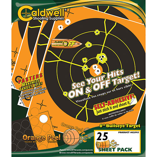 Caldwell Orange Peel® Targets feature dual-color flake-off technology for instant hit visibility, with an easy-to-acquire orange and black design for precision shooting.