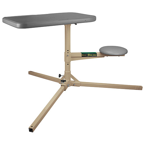 Caldwell Stable Table offers a rigid tripod design, adjustable height, pivoting tabletop, and convenient cleaning forks, ideal for versatile shooting conditions.