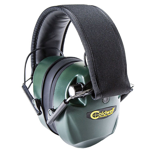 Caldwell E-Max Electronic Earmuffs feature low-profile cups, dual microphones for sound amplification below 85 dB, and hearing protection above that level.