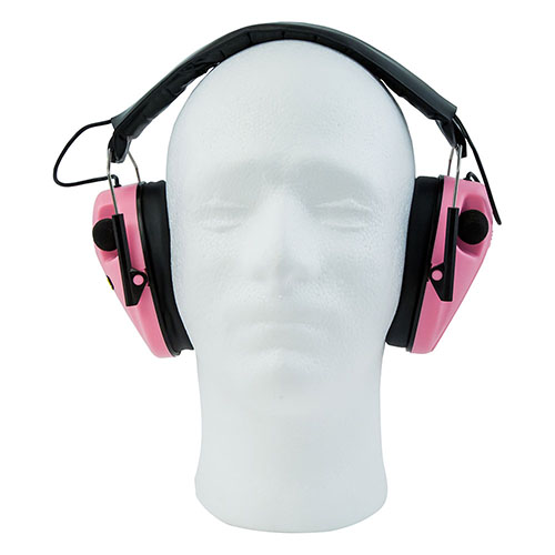 Caldwell E-Max Low Profile Pink hearing protection features dual microphones for true stereo sound, amplifies safe sounds, and protects hearing above 85 dB.