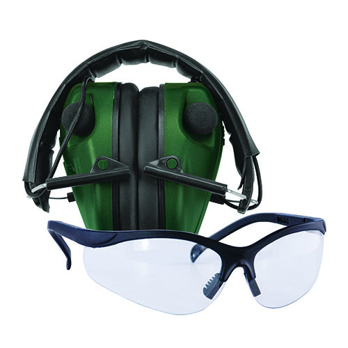 Caldwell E-Max Low Profile Earmuffs offer superior hearing protection with amplification below 85 dB, ideal for shotgun and action shooters, plus shooting glasses included.