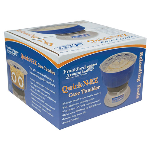 Frankford Arsenal Quick-n-EZ Case Tumbler cleans brass efficiently, holding up to 600 9mm or 350 .223 cases, using Walnut or Corn Cob Medias.