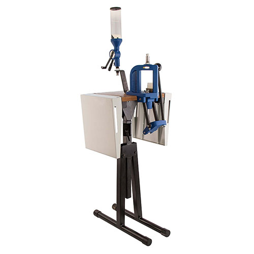 Frankford Arsenal® Platinum Series Reloading Stand offers a foldable design for compact storage, durable wood for mounting tools, and side shelves for additional equipment.