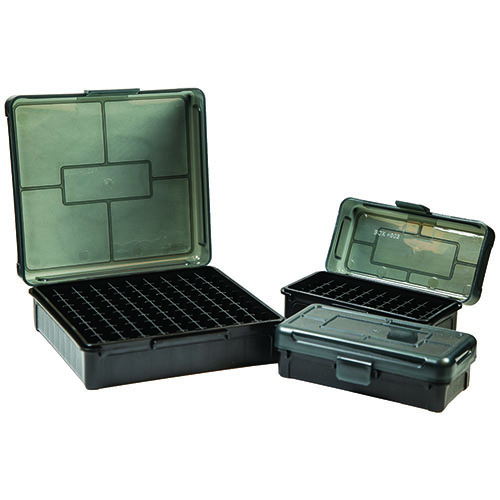 Frankford Arsenal Hinge-Top Ammo Box offers a strong mechanical hinge, stackable design, and label space, perfect for .480 Rug, .475 Linebaugh, and .50AE ammo.