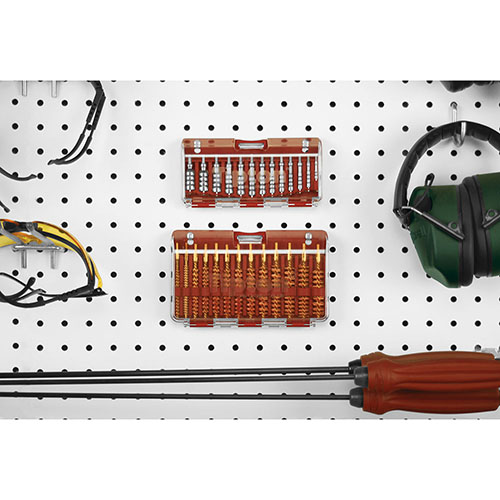 Tipton Ultra Jag/Brush Set offers 13 caliber-specific Best Bore Brushes in a durable box, covering .17 to .45 calibers with precise threading for effective cleaning.