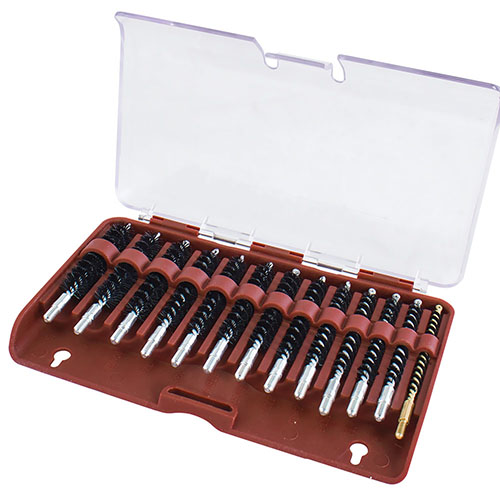Tipton's 13 Piece Nylon Bristle Rifle Bore Brush Set offers durable brushes for various calibers, resistant to solvents, and comes with a handy storage box.