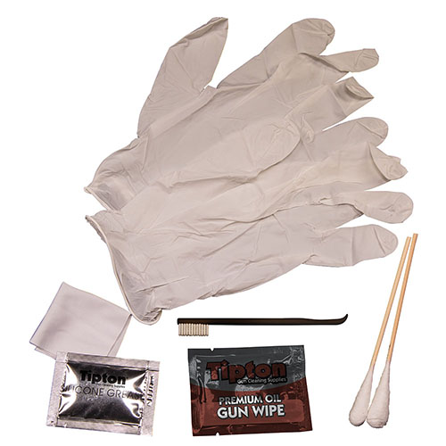 Tipton Handgun Field Cleaning Kit offers essential tools for cleaning pistol calibers .380-.45, compactly stored for easy access during unexpected cleaning needs.