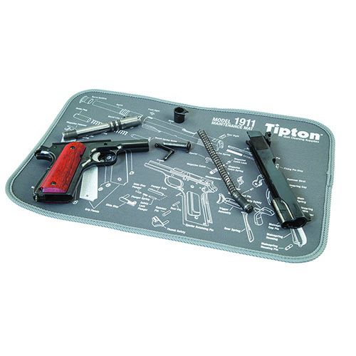 Tipton 1911 Maintenance Mat protects firearm finishes, absorbs oils, keeps small parts organized, and rolls up for easy transport—perfect for any gunsmith.