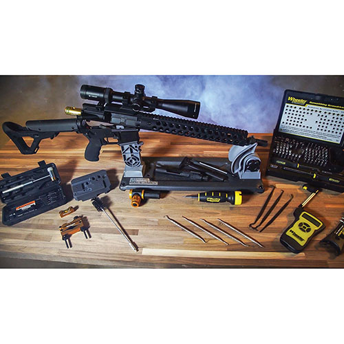 Wheeler Delta Series AR Armorers Vise offers adjustable supports, a secure mag well insert, and a sturdy base, making it perfect for AR maintenance and gunsmithing.