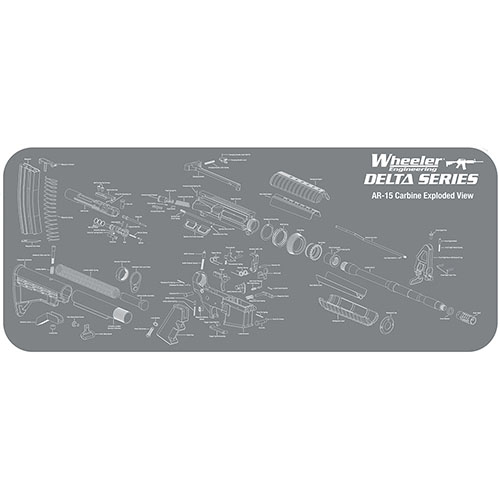 Wheeler Delta Series AR-15 Maintenance Mat features a padded neoprene surface, non-skid backing, and an exploded view for easy part identification, keeping your workspace clean.