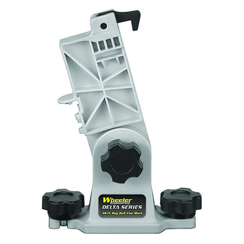 Wheeler Delta Series AR-15 Mag Well Vise Block offers stable support for cleaning, features a bolt service station, and is made from durable, solvent-resistant polymer.