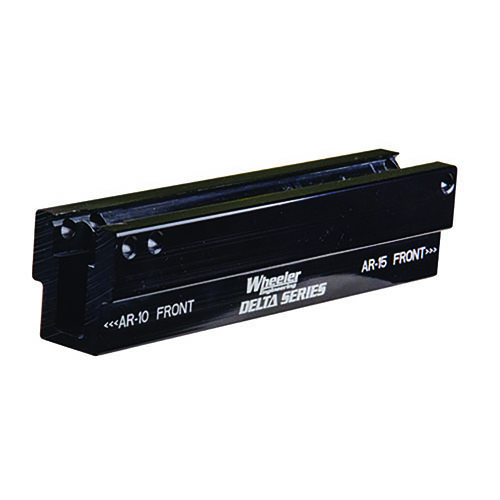 Wheeler Delta Series AR Upper Vise Block securely holds AR-15 and AR-10 uppers, features durable aluminum construction for precise tasks and easy rail clamping.