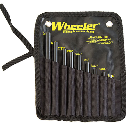 Wheeler Roll Pin Starter Set features hardened steel punches with hemispherical tips for precise alignment, preventing damage to firearms. 9 sizes included in a nylon pouch.