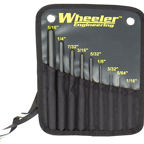 Wheeler Roll Pin Punch Set features hardened steel construction and hemispherical tips for precise alignment, preventing damage to your firearm. Includes 9 sizes in a nylon pouch.