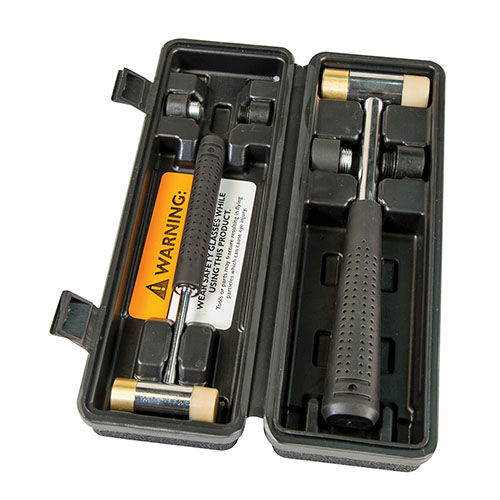 Wheeler Master Gunsmith Interchangeable Hammer Set offers 2 durable hammer bodies and 8 versatile faces in metal, brass, nylon, and rubber for precise gunsmithing.