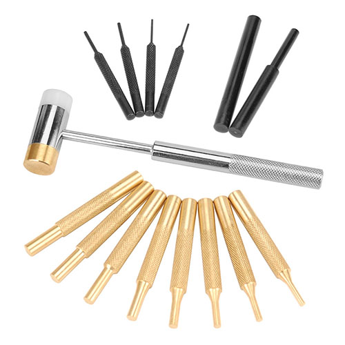 Wheeler Hammer and Punch Set offers a polymer/brass hammer, 14 precision punches, and a molded case, perfect for driving pins and drifting sights.