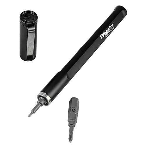 Wheeler Micro Multi-Driver Tool Pen offers a comfortable grip, holds 5 bits for quick access, and includes a holder for 12 additional bits, perfect for gunsmiths.
