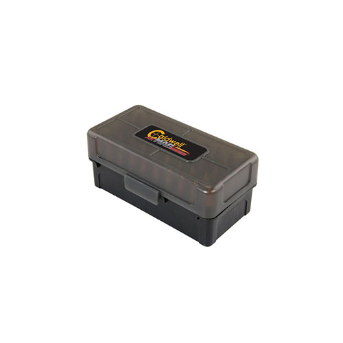 Caldwell AK Mag Charger Ammo Box holds 50 rounds, features a removable lid for easy access, and is made from durable polymer for long-term storage.