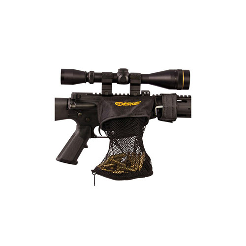 Caldwell AR-15 Brass Catcher captures .223 brass, preventing scatter and protecting shooters; holds 30 rounds, easy to empty with zipper, attaches securely.