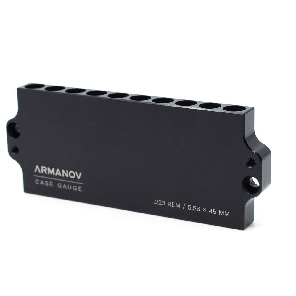 Precision ARMANOV Case Gauge for .223 REM, stackable design for quick sorting, reliable ammo production, and reduced testing time with 10 round capacity.