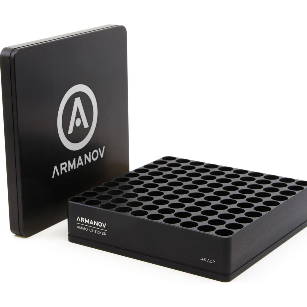 Armanov 100 rnd Ammo Checker with Flip Cover ensures quick ammo testing, reduces malfunctions, and features a precise aluminum design for .45 ACP reloading.