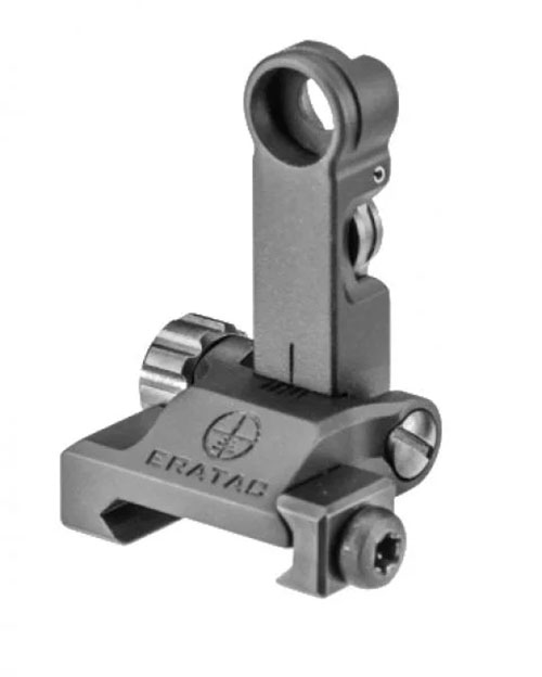 ERATAC Folding Rear Sight offers dual apertures for quick aiming, spring-loaded protection, ultra-low profile, tool-less adjustments, and rustproof design.