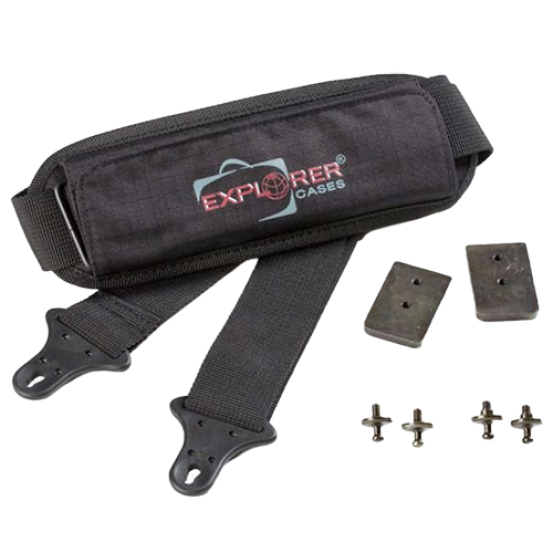 EXPLORER CASES Adjustable Shoulder Kit features a durable strap with adjustable length (106-201 cm), 4 threaded knots, and 2 metal plates, perfect for your gear.