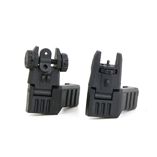Offset AR-15 Flip-Up Sight Set offers toolless elevation adjustments, low-profile front sight for minimal exposure, and rear sight for precise CQB aiming.