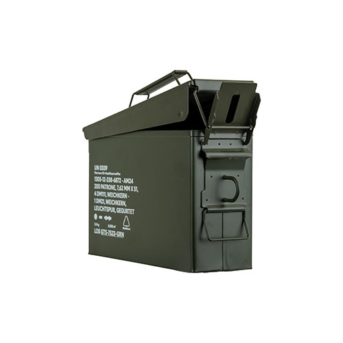 Secure your gear with the NATO Size 1 Ammo Can from German Tactical Systems, featuring a rubber gasket, heavy-duty latch, and foldable handle for easy transport.