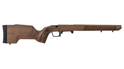 MDT TIMBR CORE combines solid walnut beauty with an aluminum micro-chassis for stability, featuring a V-block bedding system for easy, precise fit.
