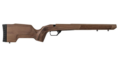 MDT TIMBR CORE combines solid walnut beauty with an aluminum micro-chassis for stability, featuring a V-block bedding system for easy, precise action fit.