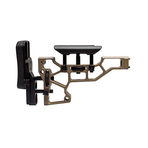 MDT Rifle Stock offers toolless adjustments for optimal comfort and performance, fitting ACC/ESS chassises with customizable cheek riser and buttpad.