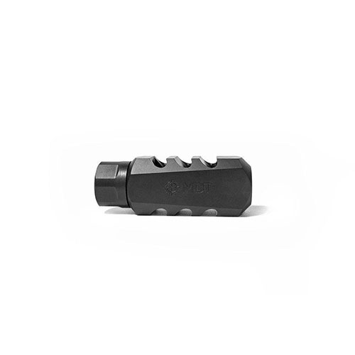 MDT Elite Muzzle Brake reduces recoil by up to 66%, improves follow-up shot speed & accuracy, features 35° baffles and a tuneable overlapping lock nut.