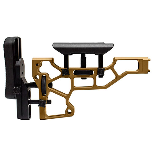 MDT Rifle Stock for ACC/ESS Chassis offers toolless adjustments for ultimate comfort, featuring horizontal, vertical, and cant adjustments for a perfect fit.