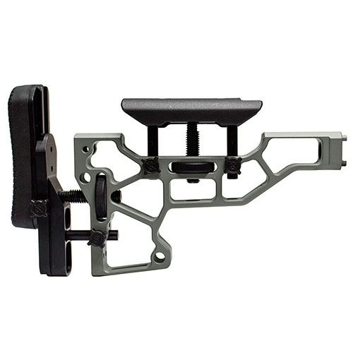 MDT Rifle Stock for ACC/ESS Chassis offers toolless adjustments for cheek riser and buttpad, ensuring optimal comfort and performance for every shooter.