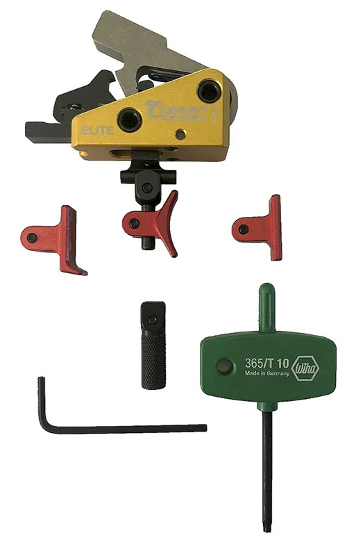 Timney AR Calvin Elite trigger offers a crisp 1.5 lb pull, customizable adjustable shoes, and fits all AR-15/AR-10 rifles with small pin trigger pins.