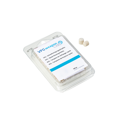 VFG QUICK CLEANING-PLUG for Cal. 4.5/.177 ensures thorough barrel cleaning with 500 compact plugs that fit snugly, preventing fiber residue and enhancing performance.