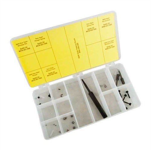 Rebuild S&W rear sights with precision using our Deluxe Rear Sight Rebuild Kit, featuring essential components and specialized tools for easy installation.