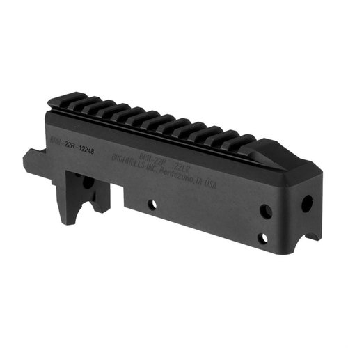 BRN-22 receiver: precision-machined from 6061 aluminum, matte black finish, compatible with Ruger® 10/22®, includes cleaning rod access for easy maintenance.