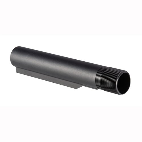 Brownells AR-15 Mil-Spec 6 position buffer tube ensures perfect fit for adjustable stocks, made from lightweight 7075 aluminum with a durable matte black finish.