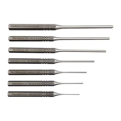 Brownells Premium Roll Pin Punches are made of hardened carbon steel, featuring a spherical tip for precise alignment, ensuring efficient roll pin installation without damage.