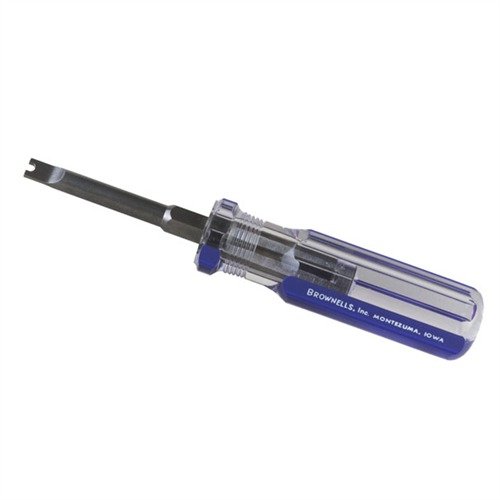 Zjednodušte výměnu mainspringů v dvojitých brokovnicích s tímto nástrojem, který zajišťuje snadnou manipulaci a ochranu povrchů díky notchovanému hrotu.