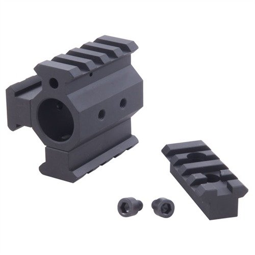 Modular AR-15 gas block kit with integral rail allows quick attachment of up to 3 Picatinny rails for versatile tactical accessory mounting.