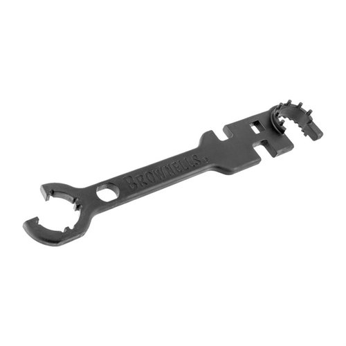 Brownells AR-15 Armorer's Wrench offers versatile compatibility with barrel nuts, a carbine buttstock wrench, and slots for A2 extensions and flash suppressors.