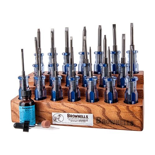 Brownells Master Gunsmith's Fixed-Blade Screwdriver Set offers precision-ground tips, custom handles, and solid oak bench blocks for ultimate control and durability.