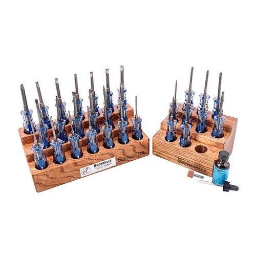 Brownells Super Master Gunsmith's Fixed-Blade Screwdriver Set offers precision-ground tips, durable handles, and a stylish oak bench block for ultimate control.