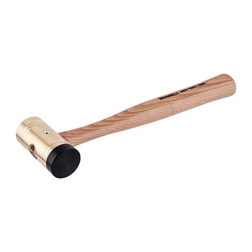 Premium Delrin-Tipped Brass Hammer offers dual-function head for effective strikes and non-marring impacts, ergonomic hickory handle, and replaceable Delrin tip.